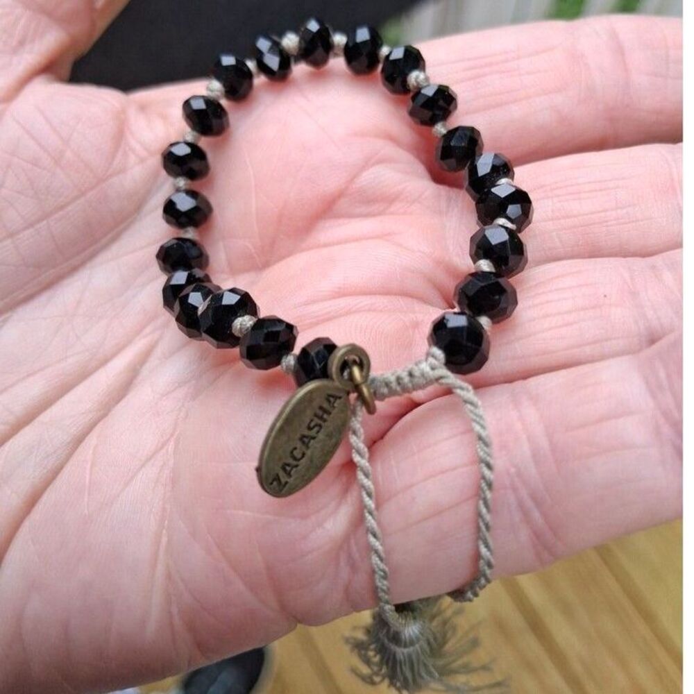 457 Zacasha Bracelet Cut Black Glass with Gray Tassels - Picture 3 of 4